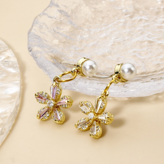 Picture of Brass Charms 18K Gold Plated Flower Micro Pave Clear Cubic Zirconia 16mm x 14mm