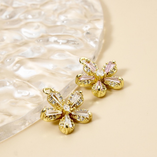 Picture of Brass Charms 18K Gold Plated Flower Micro Pave Clear Cubic Zirconia 16mm x 14mm