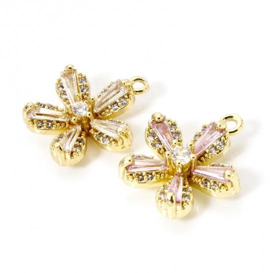 Picture of Brass Charms 18K Gold Plated Flower Micro Pave Clear Cubic Zirconia 16mm x 14mm