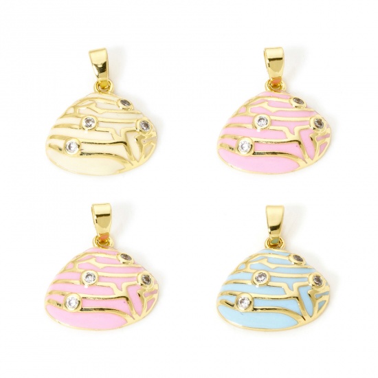 Picture of 2 PCs Brass Charm Pendant 18K Gold Plated Multicolor Shell Enamel Clear Cubic Zirconia 20mm x 16mm