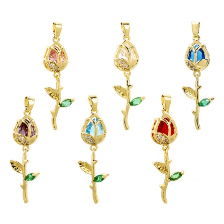 2 PCs Brass Pendants 18K Real Gold Plated Tulip Flower Micro Pave Clear Cubic Zirconia 3.8cm x 1.2cm