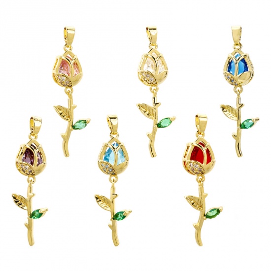 Picture of 2 PCs Brass Pendants 18K Real Gold Plated Tulip Flower Micro Pave Clear Cubic Zirconia 3.8cm x 1.2cm