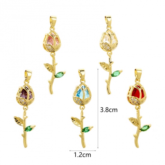 Picture of 2 PCs Brass Pendants 18K Real Gold Plated Tulip Flower Micro Pave Clear Cubic Zirconia 3.8cm x 1.2cm