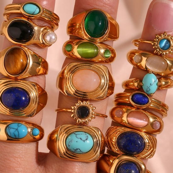 Imagen de 1 Unidad Recubrimiento al Vacío PVD Ecológico Elegante Sencillo 18K Oro Real Chapado Acero Inoxidable Circón incrustado Anillos Para Mujeres 17.3mm (US size 7)