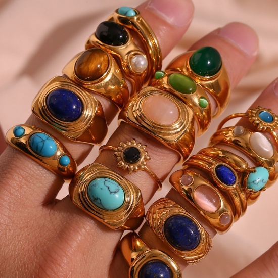 Imagen de 1 Unidad Recubrimiento al Vacío PVD Ecológico Elegante Sencillo 18K Oro Real Chapado Acero Inoxidable Circón incrustado Anillos Para Mujeres 17.3mm (US size 7)
