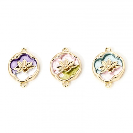 Eco-friendly Brass Connectors Charms Pendants Round Lotus Flower 18K Real Gold Plated Enamel 18mm x 13.5mm