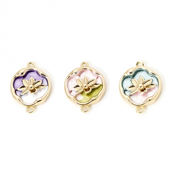 Image de 1 Pièce Connecteurs Pendentifs Breloques en Laiton Respectueux de la Nature Rond Fleur de Lotus Plaqué Or Véritable 18K Émail 18mm x 13.5mm