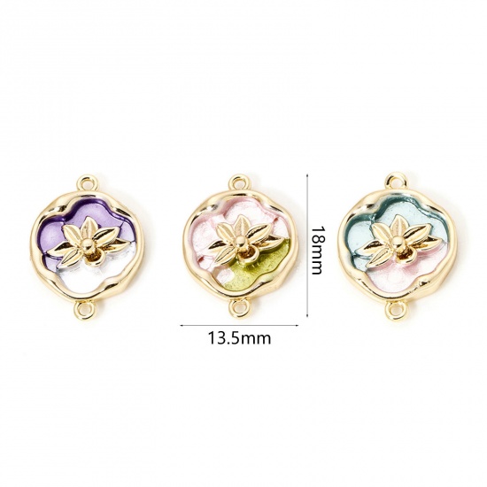 Image de 1 Pièce Connecteurs Pendentifs Breloques en Laiton Respectueux de la Nature Rond Fleur de Lotus Plaqué Or Véritable 18K Émail 18mm x 13.5mm