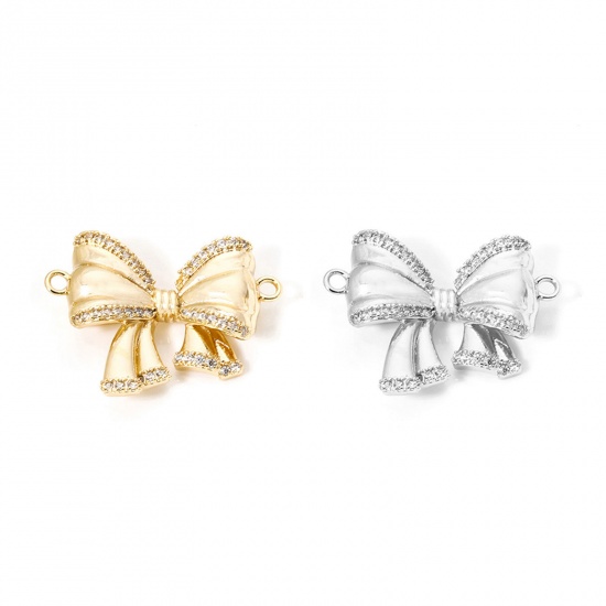 Picture of Eco-friendly Brass Clothes Connectors Charms Pendants Bowknot Real Gold Plated 3D Clear Cubic Zirconia 24mm x 18mm