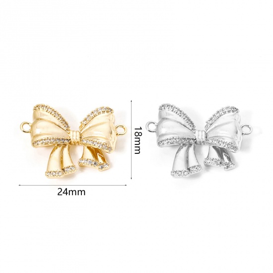 Picture of Eco-friendly Brass Clothes Connectors Charms Pendants Bowknot Real Gold Plated 3D Clear Cubic Zirconia 24mm x 18mm