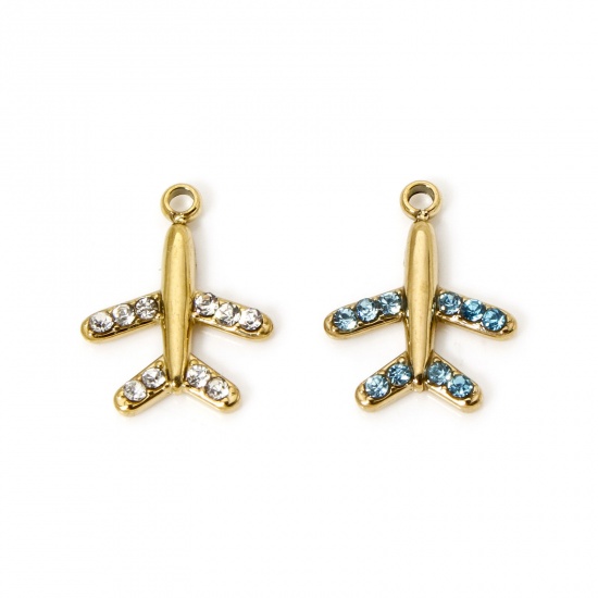 Immagine di 1 Pz Placcatura Sottovuoto PVD Ecologica 304 Acciaio Inossidabile Viaggio Ciondoli Aeroplano 14K Vero Oro Placcato Multicolore Cubic Zirconiae 14mm x 11mm