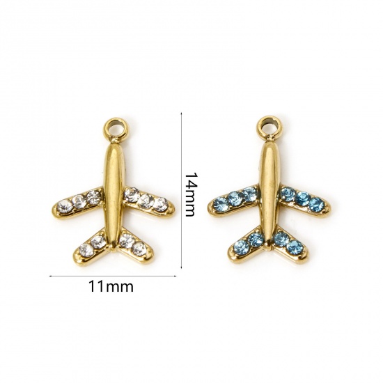 Immagine di 1 Pz Placcatura Sottovuoto PVD Ecologica 304 Acciaio Inossidabile Viaggio Ciondoli Aeroplano 14K Vero Oro Placcato Multicolore Cubic Zirconiae 14mm x 11mm