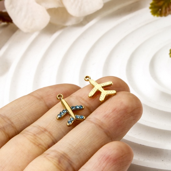 Immagine di 1 Pz Placcatura Sottovuoto PVD Ecologica 304 Acciaio Inossidabile Viaggio Ciondoli Aeroplano 14K Vero Oro Placcato Multicolore Cubic Zirconiae 14mm x 11mm