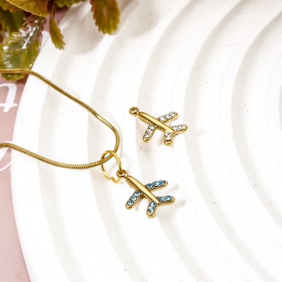 Immagine di 1 Pz Placcatura Sottovuoto PVD Ecologica 304 Acciaio Inossidabile Viaggio Ciondoli Aeroplano 14K Vero Oro Placcato Multicolore Cubic Zirconiae 14mm x 11mm