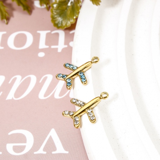 Immagine di 1 Pz Placcatura Sottovuoto PVD Ecologica 304 Acciaio Inossidabile Viaggio Ciondoli Aeroplano 14K Vero Oro Placcato Multicolore Cubic Zirconiae 14mm x 11mm