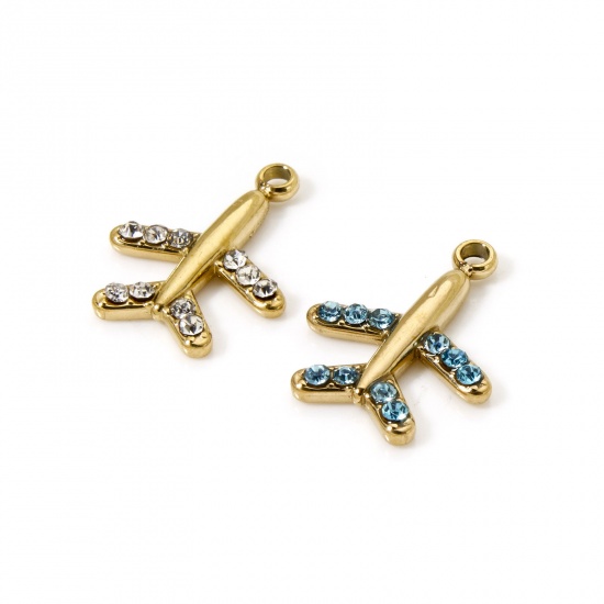 Immagine di 1 Pz Placcatura Sottovuoto PVD Ecologica 304 Acciaio Inossidabile Viaggio Ciondoli Aeroplano 14K Vero Oro Placcato Multicolore Cubic Zirconiae 14mm x 11mm