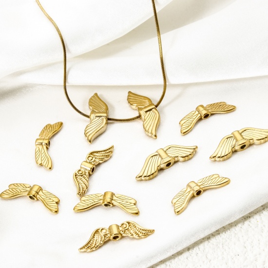 Picture of Eco-friendly Vacuum Plating 304 Stainless Steel Beads For DIY Jewelry Making 18K Real Gold Plated Wing
