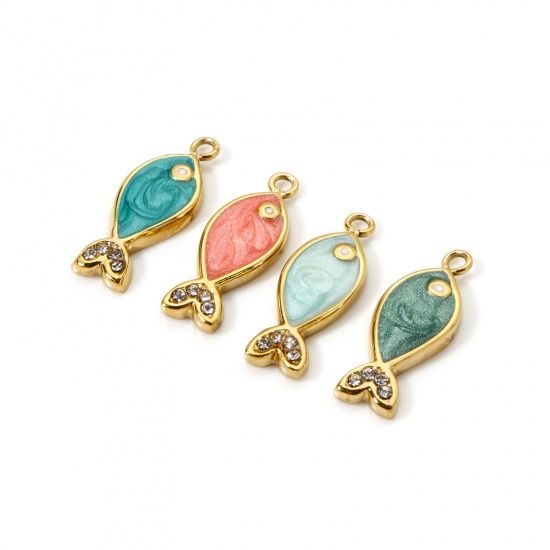 Picture of Eco-friendly PVD Vacuum Plating 304 Stainless Steel Ocean Jewelry Charms 14K Real Gold Plated Multicolor Fish Animal Enamel Clear Rhinestone 16mm x 6mm