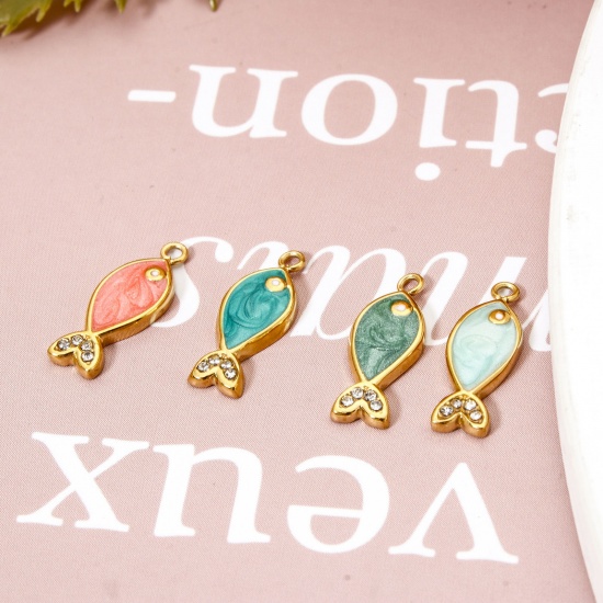 Picture of Eco-friendly PVD Vacuum Plating 304 Stainless Steel Ocean Jewelry Charms 14K Real Gold Plated Multicolor Fish Animal Enamel Clear Rhinestone 16mm x 6mm