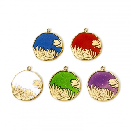 Immagine di 1 Pz Placcatura Sottovuoto PVD Ecologica 304 Acciaio Inossidabile Collezione Flora Ciondoli Tondo 14K Vero Oro Placcato Multicolore Foglia Smalto 21mm x 18.5mm
