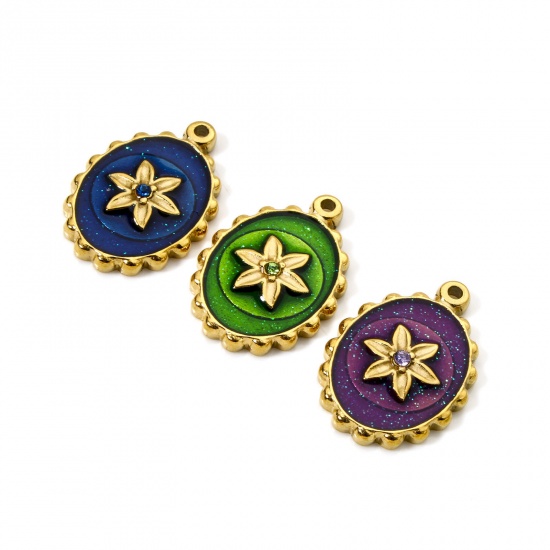 Picture of Eco-friendly PVD Vacuum Plating 304 Stainless Steel Flora Collection Charms 14K Real Gold Plated Multicolor Oval Flower Enamel Clear Rhinestone 21mm x 15mm