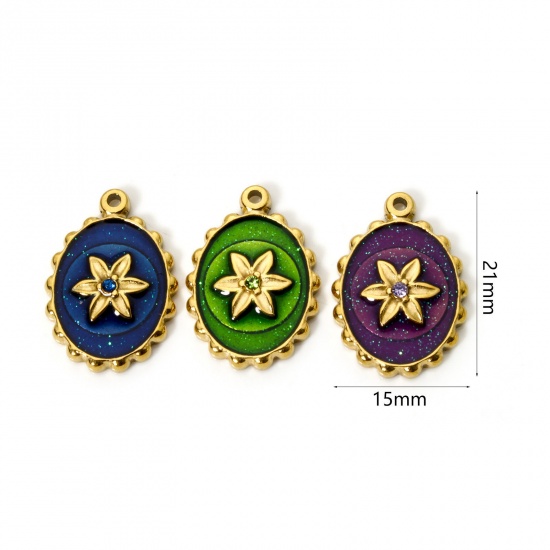 Picture of Eco-friendly PVD Vacuum Plating 304 Stainless Steel Flora Collection Charms 14K Real Gold Plated Multicolor Oval Flower Enamel Clear Rhinestone 21mm x 15mm