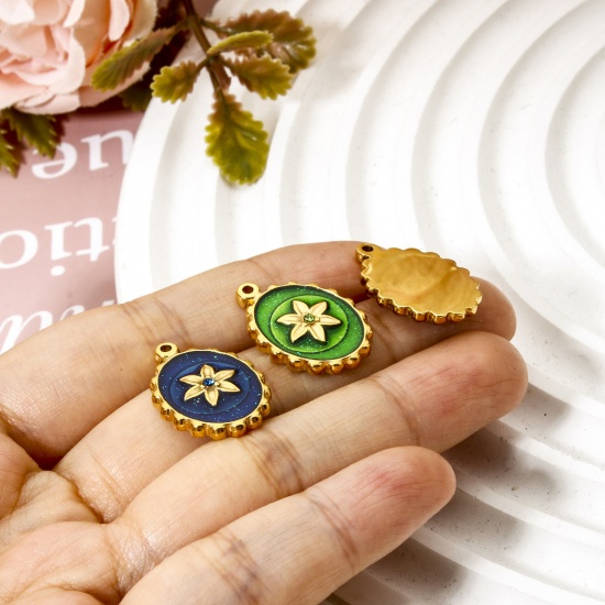 Picture of Eco-friendly PVD Vacuum Plating 304 Stainless Steel Flora Collection Charms 14K Real Gold Plated Multicolor Oval Flower Enamel Clear Rhinestone 21mm x 15mm