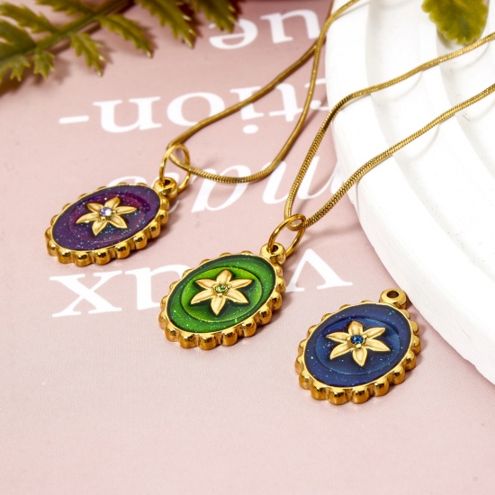 Picture of Eco-friendly PVD Vacuum Plating 304 Stainless Steel Flora Collection Charms 14K Real Gold Plated Multicolor Oval Flower Enamel Clear Rhinestone 21mm x 15mm