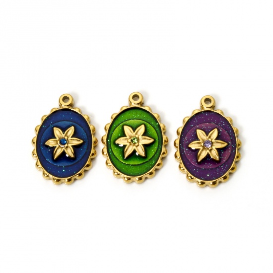 Picture of Eco-friendly PVD Vacuum Plating 304 Stainless Steel Flora Collection Charms 14K Real Gold Plated Multicolor Oval Flower Enamel Clear Rhinestone 21mm x 15mm