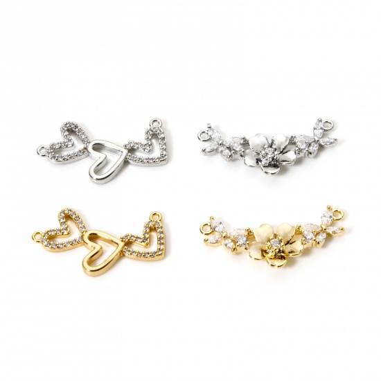 Picture of Eco-friendly Brass Connectors Charms Pendants Heart Flower Real Gold Plated Clear Cubic Zirconia