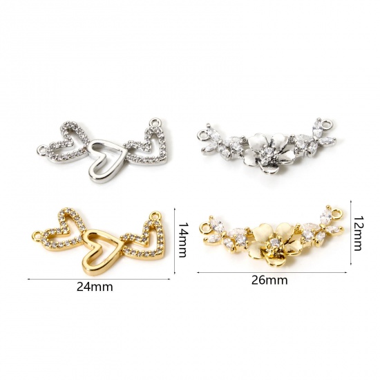 Picture of Eco-friendly Brass Connectors Charms Pendants Heart Flower Real Gold Plated Clear Cubic Zirconia