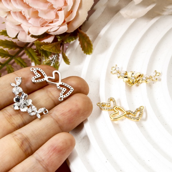 Picture of Eco-friendly Brass Connectors Charms Pendants Heart Flower Real Gold Plated Clear Cubic Zirconia