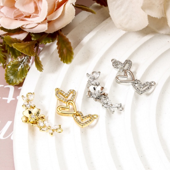 Picture of Eco-friendly Brass Connectors Charms Pendants Heart Flower Real Gold Plated Clear Cubic Zirconia