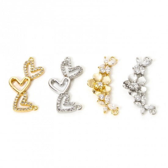 Picture of Eco-friendly Brass Connectors Charms Pendants Heart Flower Real Gold Plated Clear Cubic Zirconia