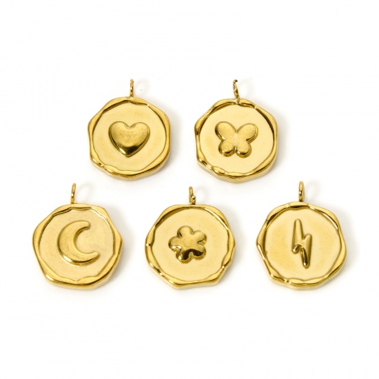 Immagine di 2 Pz Placcatura Sottovuoto PVD Ecologica 304 Acciaio Inossidabile San Valentino Ciondoli Tondo 18K Vero Oro Placcato Luna 16mm x 13mm