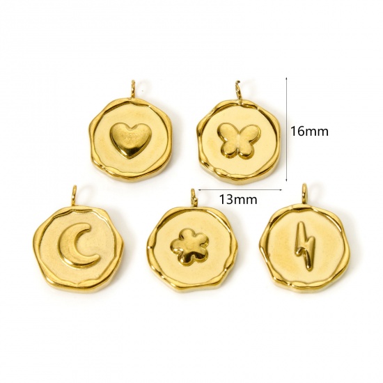 Immagine di 2 Pz Placcatura Sottovuoto PVD Ecologica 304 Acciaio Inossidabile San Valentino Ciondoli Tondo 18K Vero Oro Placcato Luna 16mm x 13mm