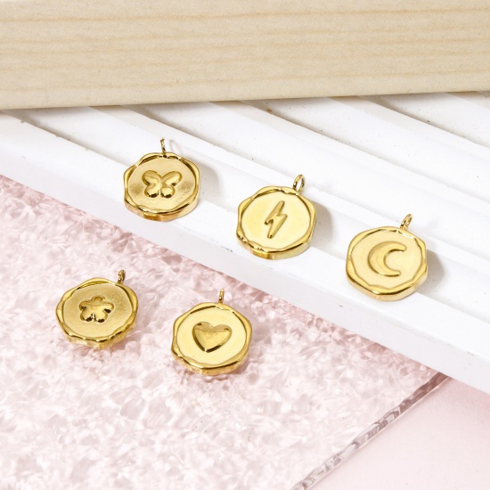 Immagine di 2 Pz Placcatura Sottovuoto PVD Ecologica 304 Acciaio Inossidabile San Valentino Ciondoli Tondo 18K Vero Oro Placcato Luna 16mm x 13mm