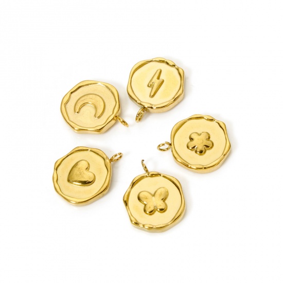 Immagine di 2 Pz Placcatura Sottovuoto PVD Ecologica 304 Acciaio Inossidabile San Valentino Ciondoli Tondo 18K Vero Oro Placcato Luna 16mm x 13mm