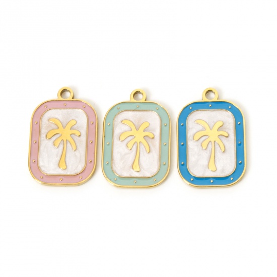 Picture of 2 PCs Eco-friendly PVD Vacuum Plating 304 Stainless Steel Flora Collection Charms 18K Real Gold Plated Multicolor Rectangle Coconut Palm Tree Enamel 20mm x 13mm