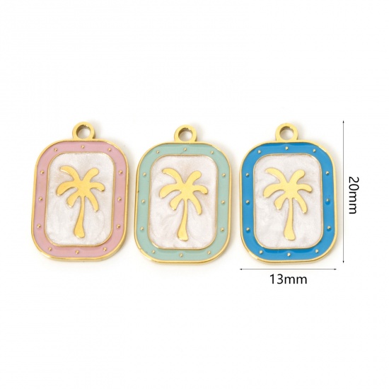 Picture of 2 PCs Eco-friendly PVD Vacuum Plating 304 Stainless Steel Flora Collection Charms 18K Real Gold Plated Multicolor Rectangle Coconut Palm Tree Enamel 20mm x 13mm