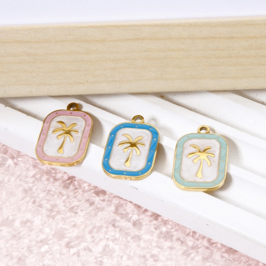 Picture of 2 PCs Eco-friendly PVD Vacuum Plating 304 Stainless Steel Flora Collection Charms 18K Real Gold Plated Multicolor Rectangle Coconut Palm Tree Enamel 20mm x 13mm