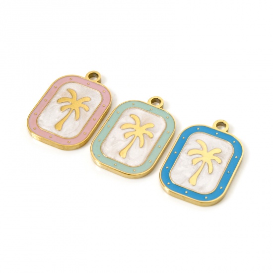 Picture of 2 PCs Eco-friendly PVD Vacuum Plating 304 Stainless Steel Flora Collection Charms 18K Real Gold Plated Multicolor Rectangle Coconut Palm Tree Enamel 20mm x 13mm