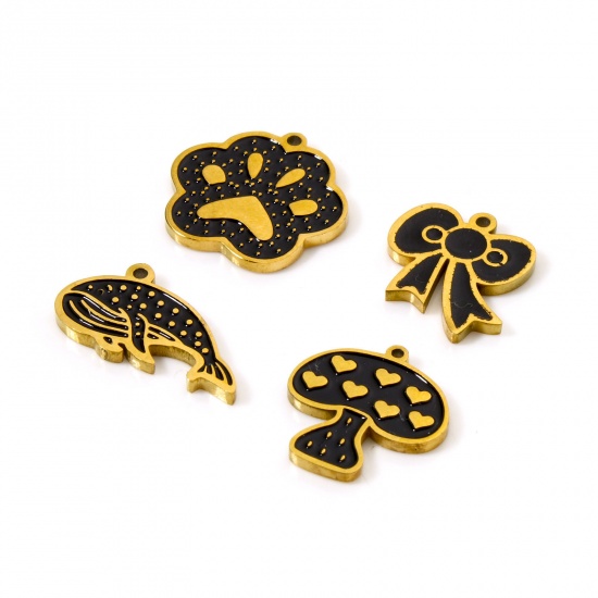 Picture of 2 PCs Eco-friendly PVD Vacuum Plating 304 Stainless Steel Charms 18K Real Gold Plated Black Mushroom Paw Print Enamel