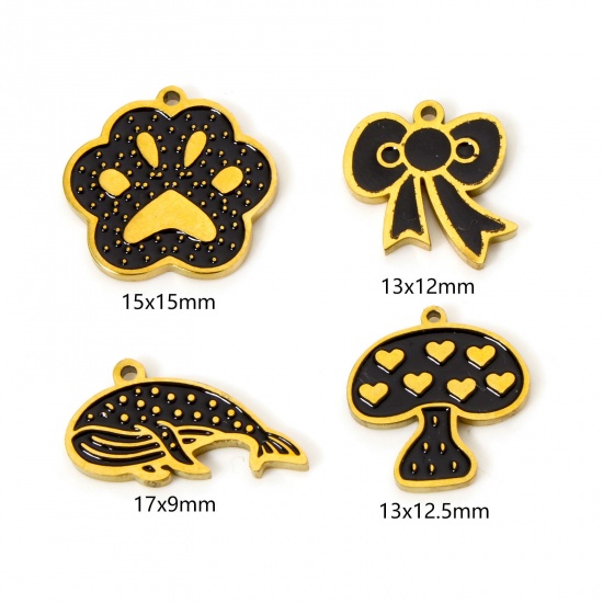 Picture of 2 PCs Eco-friendly PVD Vacuum Plating 304 Stainless Steel Charms 18K Real Gold Plated Black Mushroom Paw Print Enamel