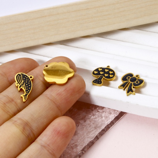 Picture of 2 PCs Eco-friendly PVD Vacuum Plating 304 Stainless Steel Charms 18K Real Gold Plated Black Mushroom Paw Print Enamel