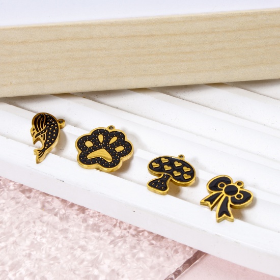 Picture of 2 PCs Eco-friendly PVD Vacuum Plating 304 Stainless Steel Charms 18K Real Gold Plated Black Mushroom Paw Print Enamel