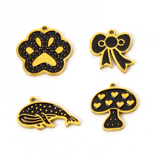 Picture of 2 PCs Eco-friendly PVD Vacuum Plating 304 Stainless Steel Charms 18K Real Gold Plated Black Mushroom Paw Print Enamel