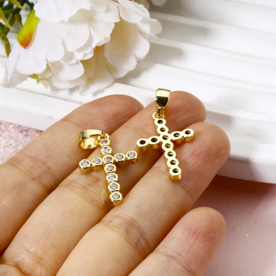 Immagine di 1 Pz Ecologico Ottone Religione Ciondoli Pendenti Croce 18K Vero Oro Placcato 28.5mm x 15mm