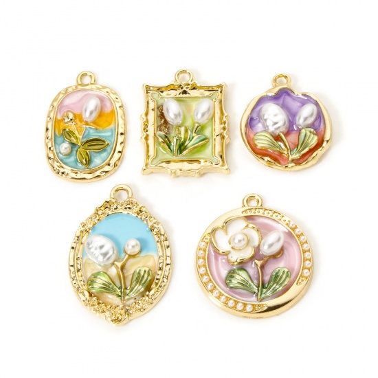 5 PCs Zinc Based Alloy Oil Painting Style Charms Gold Plated Multicolor Flower Enamel の画像