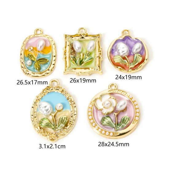 5 PCs Zinc Based Alloy Oil Painting Style Charms Gold Plated Multicolor Flower Enamel の画像